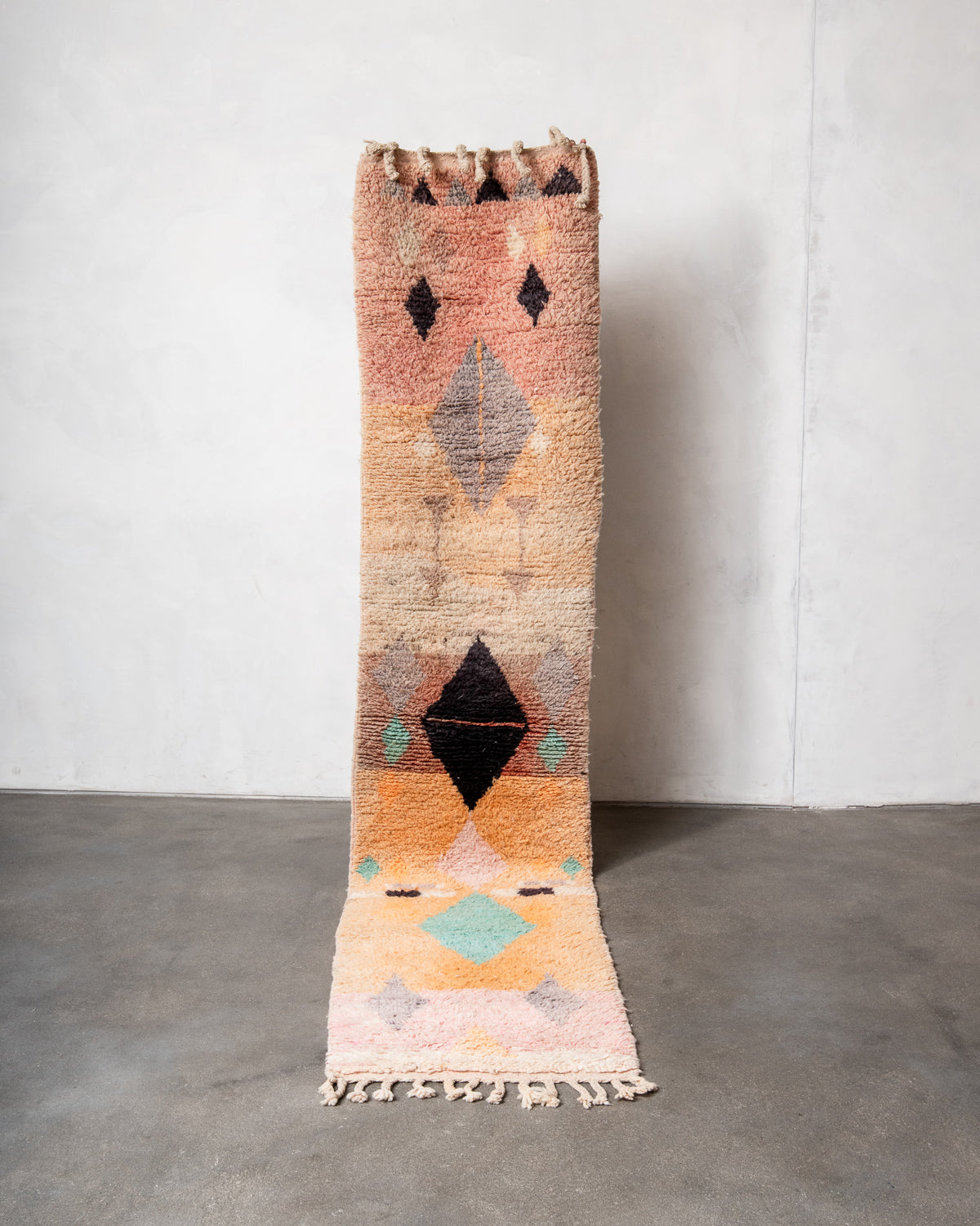 Modern, designer, handcrafted Berber runner rug from Morocco. Vintage carpet with beautiful colours and patterns and fluffy texture.