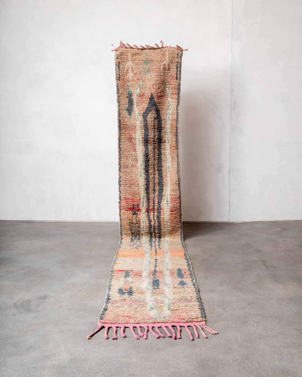 Modern, designer, handcrafted Berber runner rug from Morocco. Vintage carpet with beautiful colours and patterns and fluffy texture.