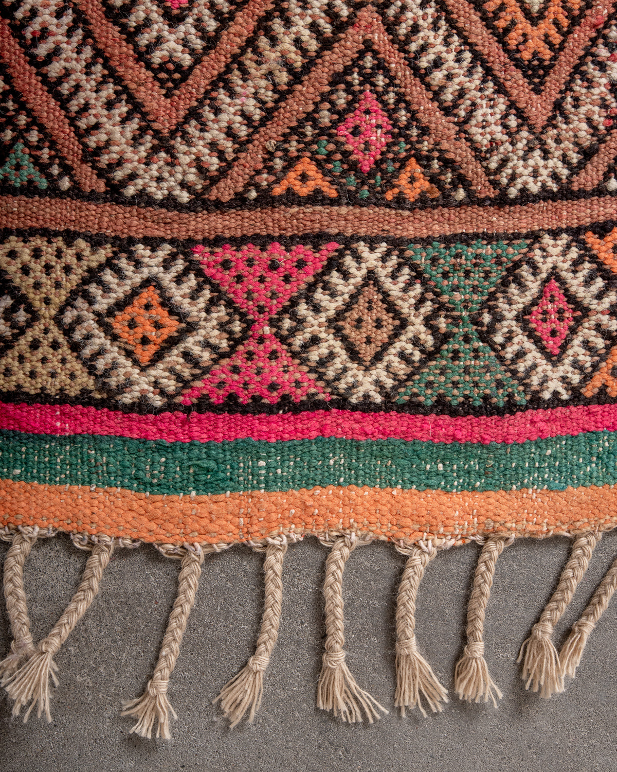 Modern, designer, handcrafted Berber rug from Morocco. Vintage Kelim carpet with beautiful designs and robust flat weave out of wool.