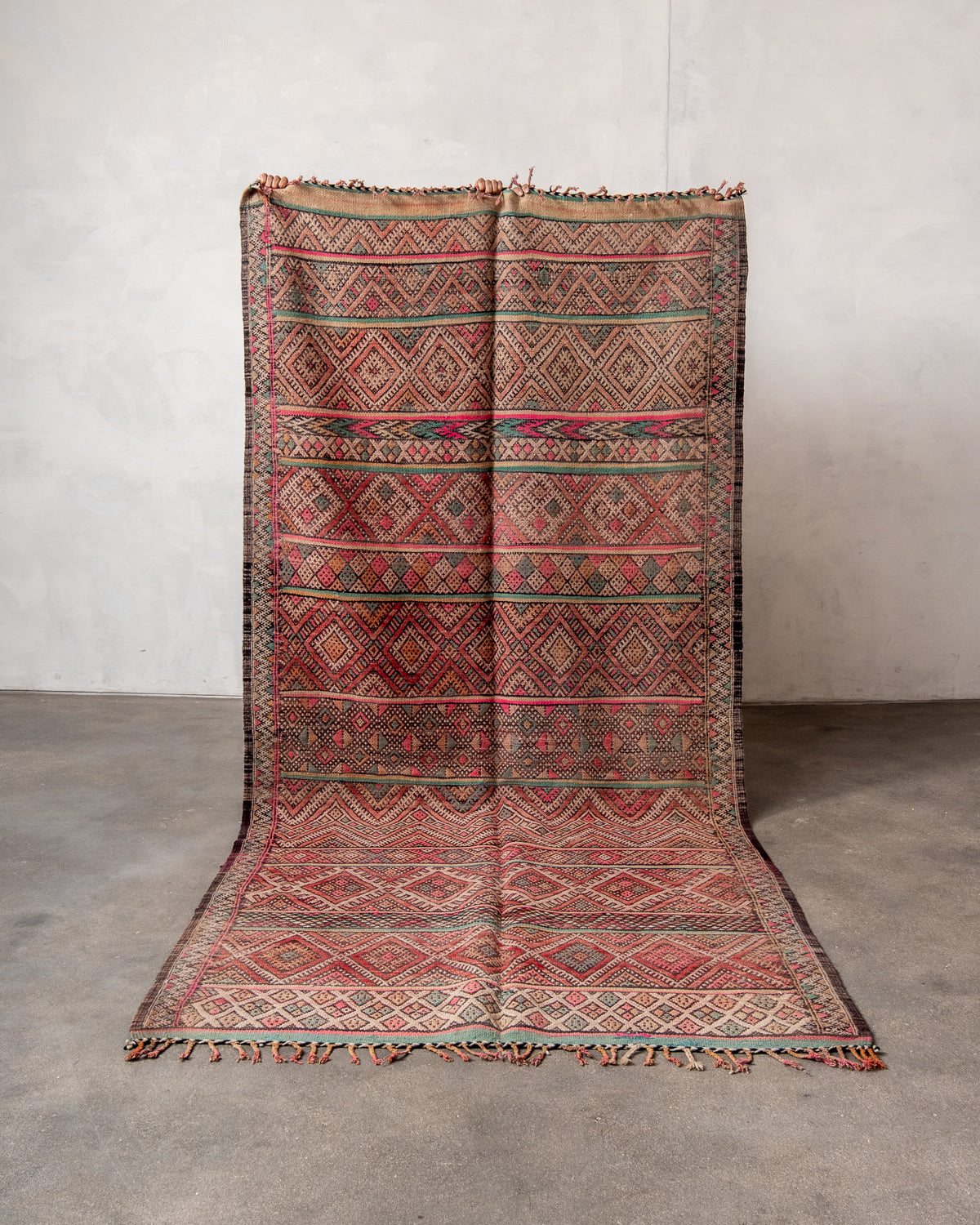 Modern, designer, handcrafted Berber rug from Morocco. Vintage Kelim carpet with beautiful designs and robust flat weave out of wool.