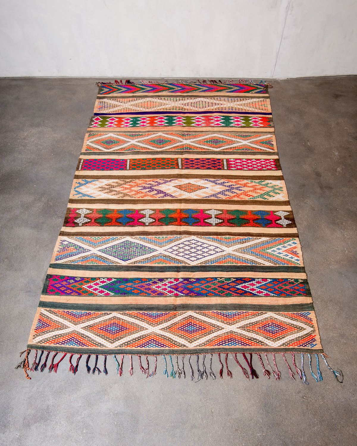 Modern, designer, handcrafted Berber rug from Morocco. Vintage Kelim carpet with beautiful designs and robust flat weave out of wool.