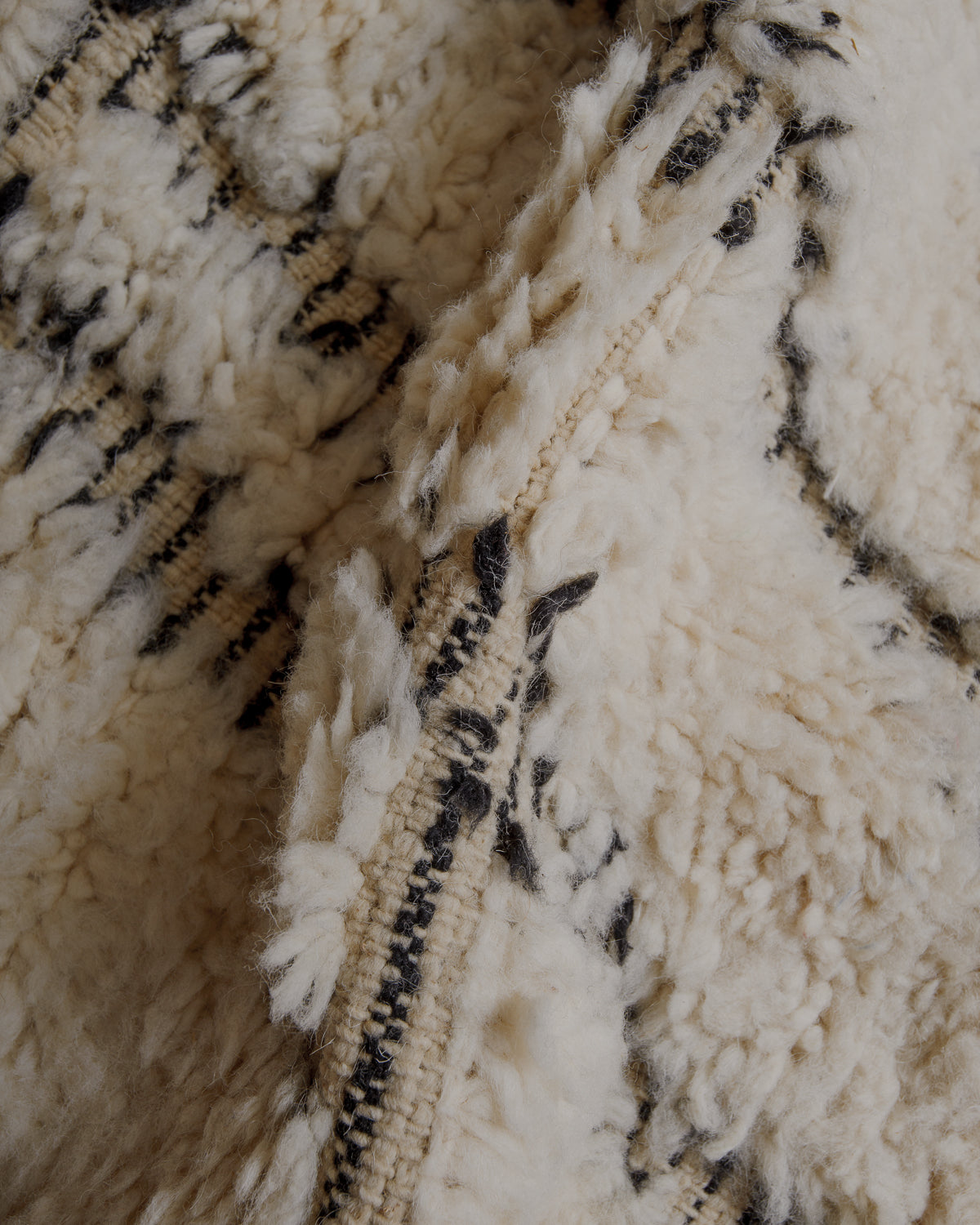 Fluffy cream wool pile with black lines  woven.