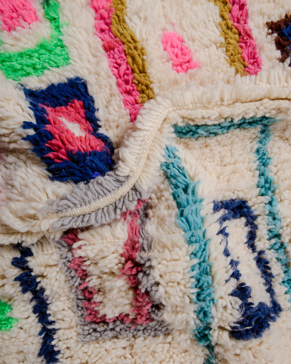 Detail of Azilal rug showing the density of the weaving and texture of wool.