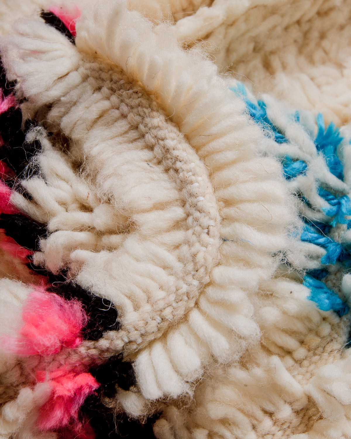 Detail of Azilal rug showing the fluffy wool and the spacing between the rows.