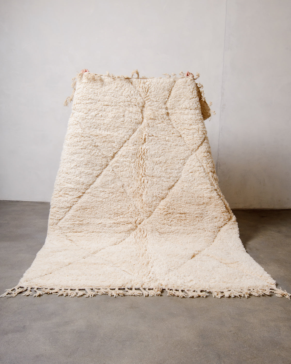 Cream wool Beniourain rug being held up in front of a white wall and concrete floor. 