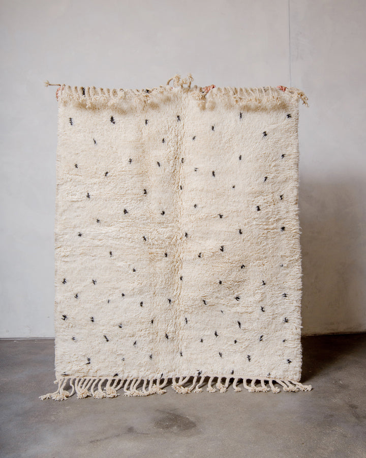 Berberlin Beniourain rug in cream wool with black dots being held up in front of a white wall. 