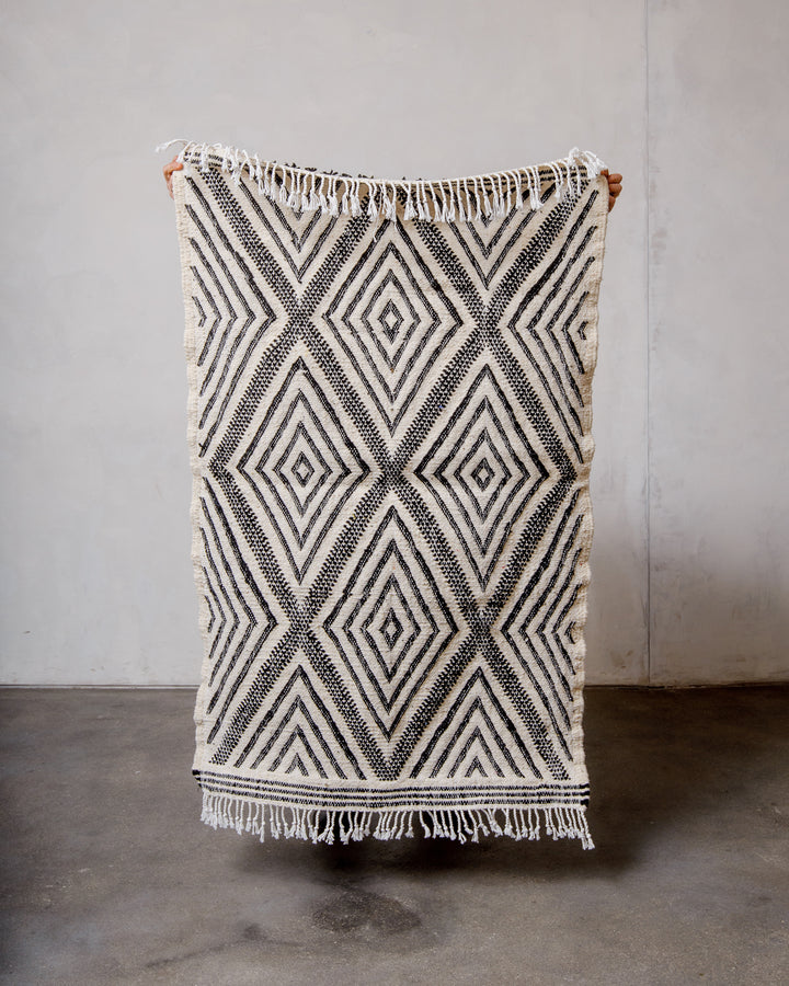 Small Berberlin Kelim Rug in black and white being held up in front of a white wall.