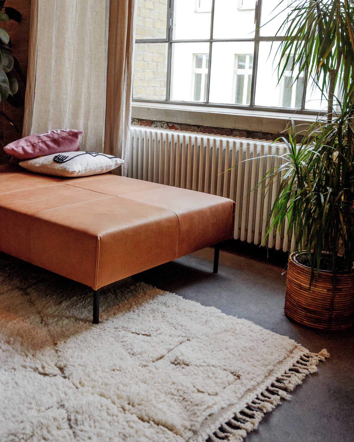 Interior with cream Berber wool rug on floor in front of leather chaise longue and warehouse windows, with plants in the corners. 