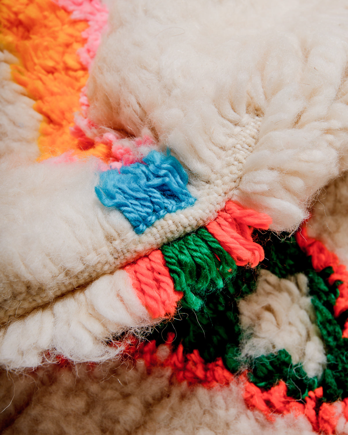 Detail of Azilal rug showing the fluffy wool and the spacing between the rows.