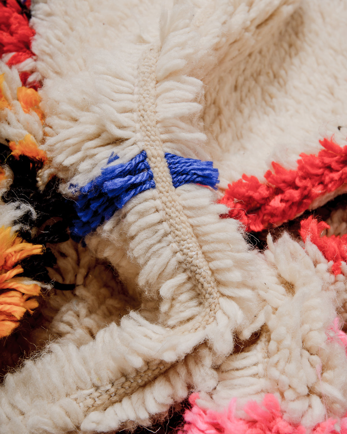 Detail of Azilal rug showing the fluffy wool and the spacing between the rows.