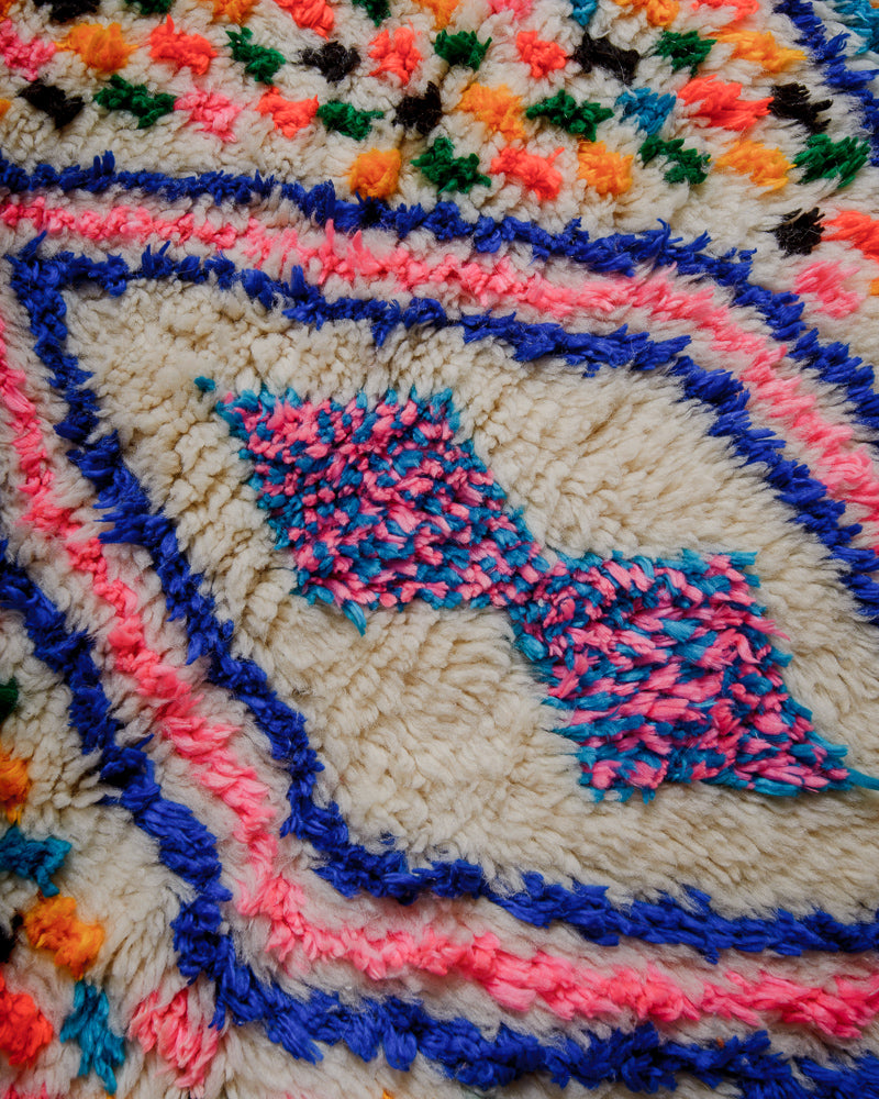 Surface of rug with colourful cotton in blue, pink, yellow and green.