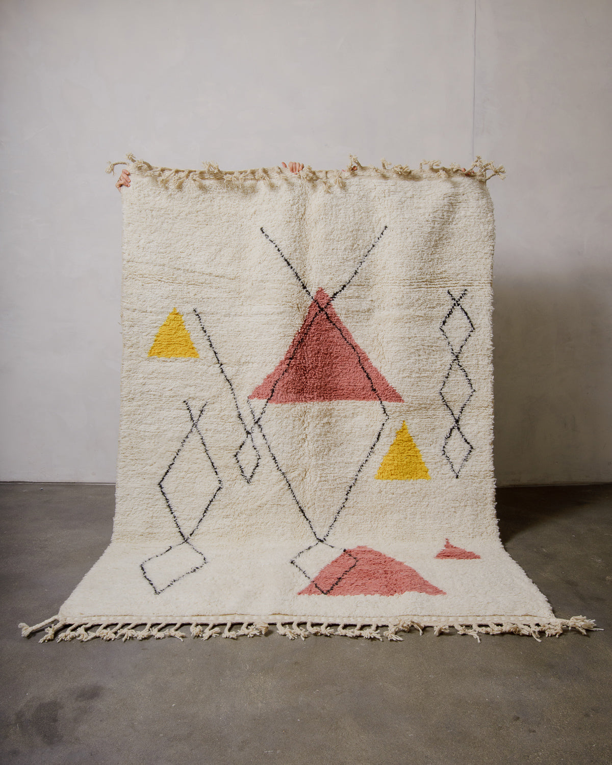 Cream rug with abstract geometric design being held up in front of a white wall. 