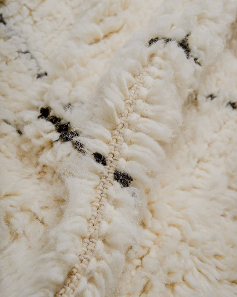 Close up of cream wool rug with black accents. 