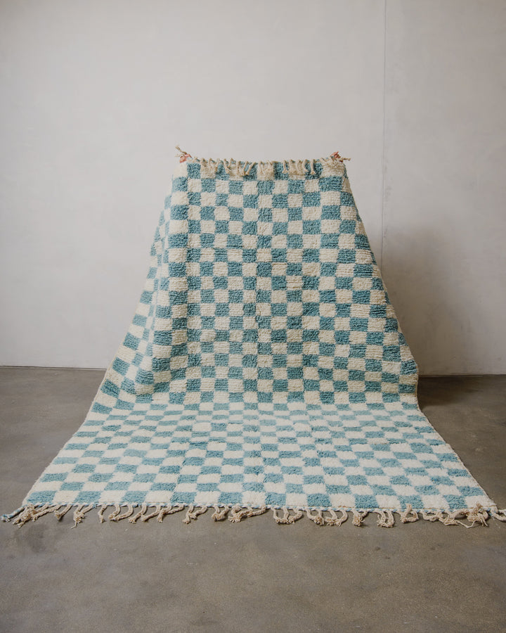 Checkered rug in cream and robin's egg blue held up in front of a plain wall. 