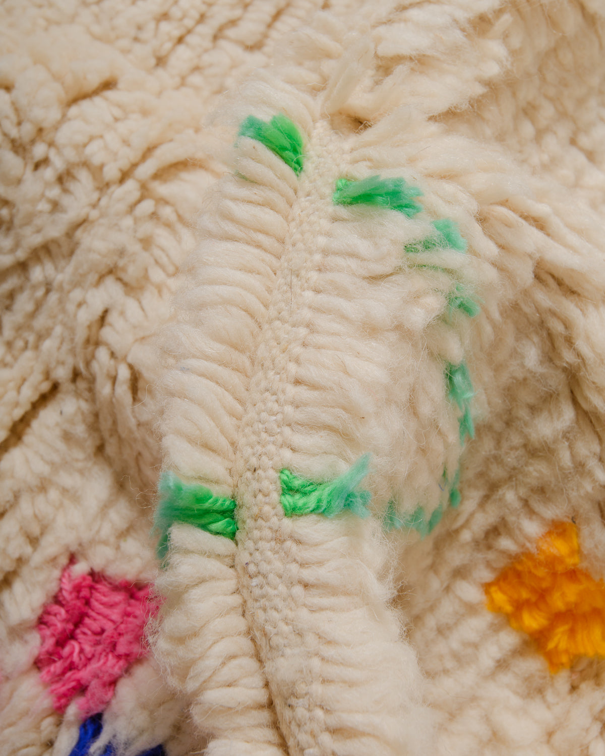 Detail of Azilal rug showing the fluffy wool and the spacing between the rows.