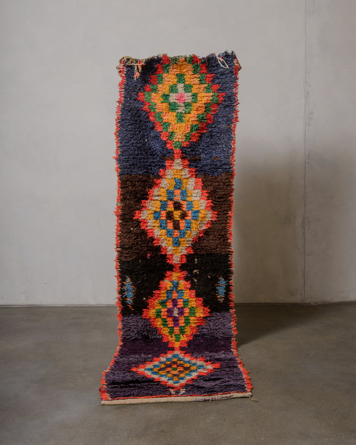 Colorful geometric-patterned rug on a plain background