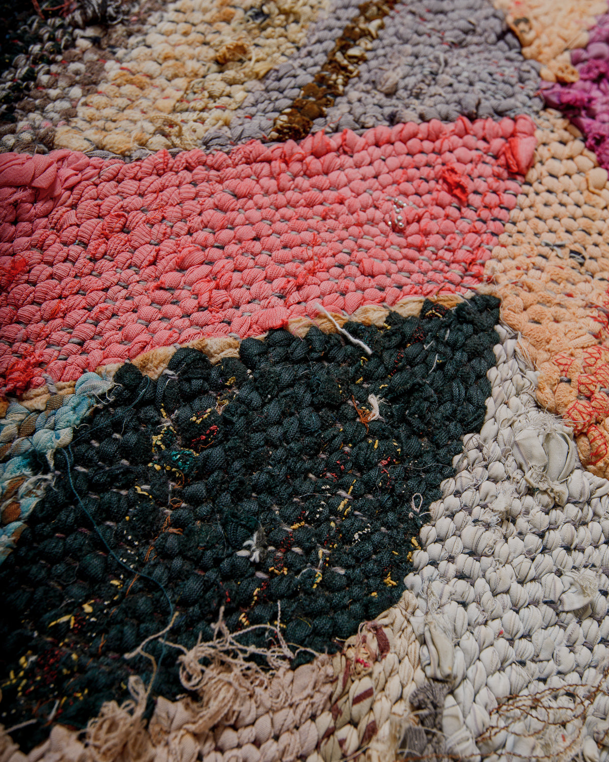 Close-up of a textured rug with multicolour pattern and texture.