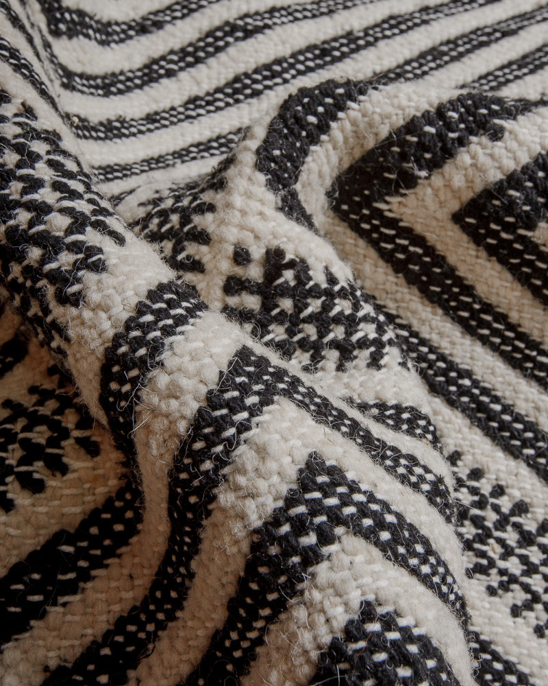 Close up of Kelim rug with black and white wool