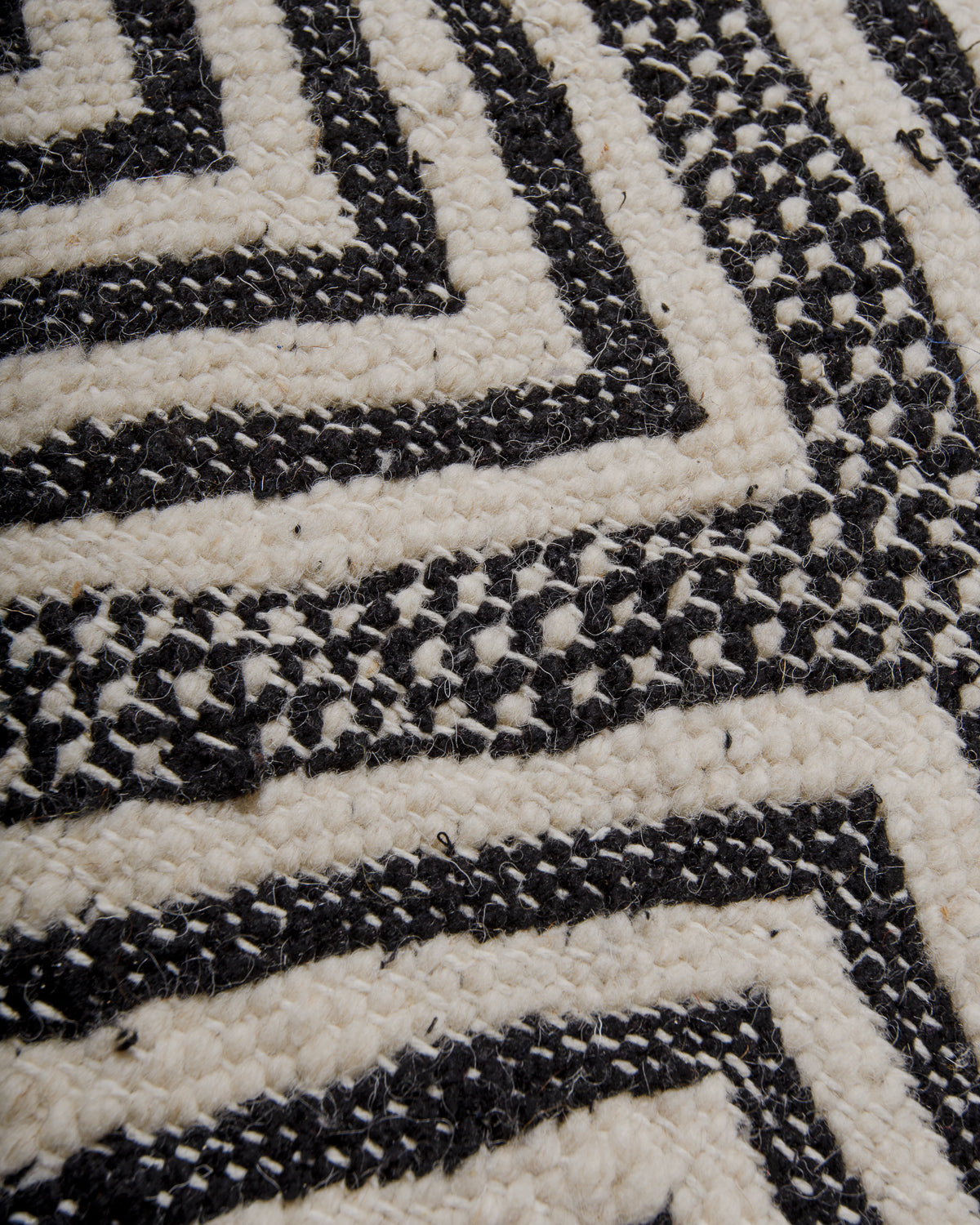 Close-up of a black and white geometric patterned rug.