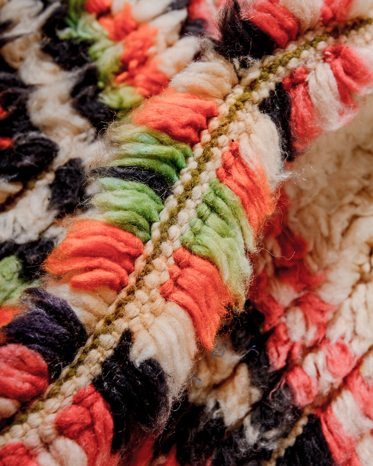 Detail of colourful wool pile on vintage runner.
