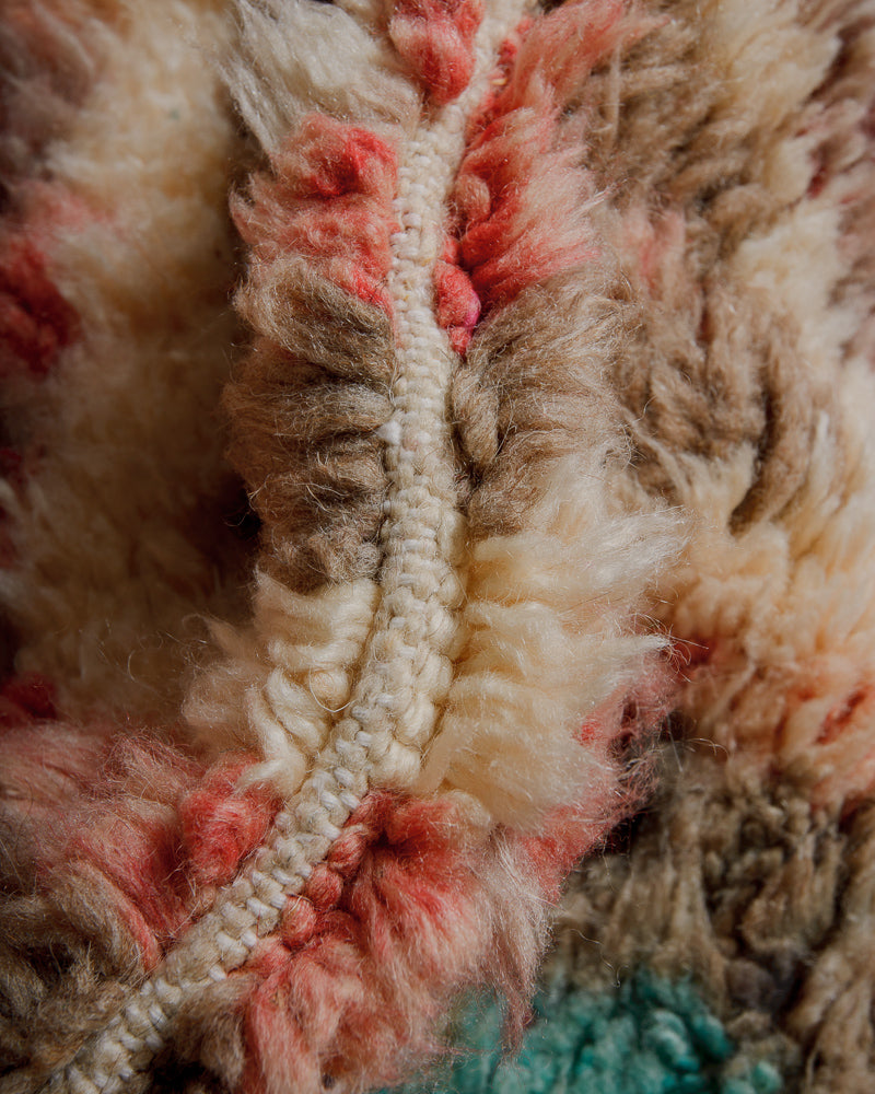 Close-up of fluffy rug with beige and brown wool