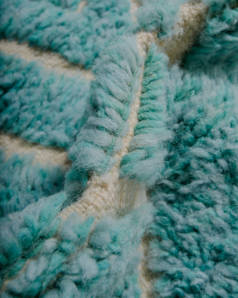 Close-up of fluffy wool rug with a focus on pattern and color.