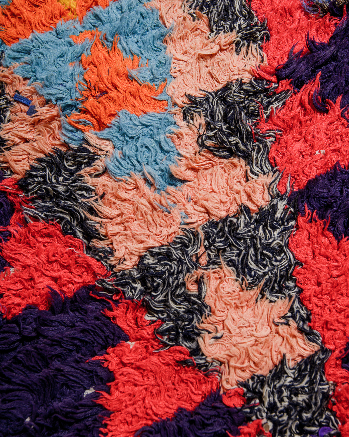 Close-up of a colourful textured fabric rug with a triangle pattern.