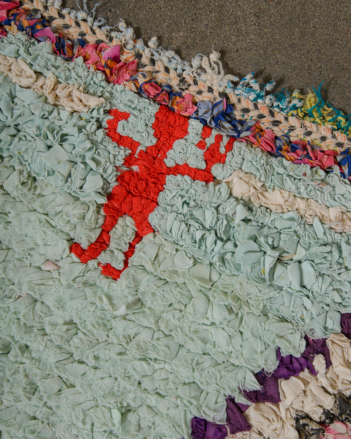 Detail of boucherouite rug showing the different textures and fabrics.