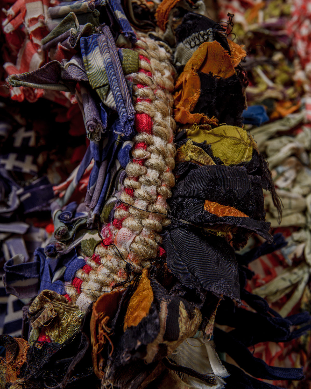 Close-up of a Boucherouite rug with various textures and patterns.