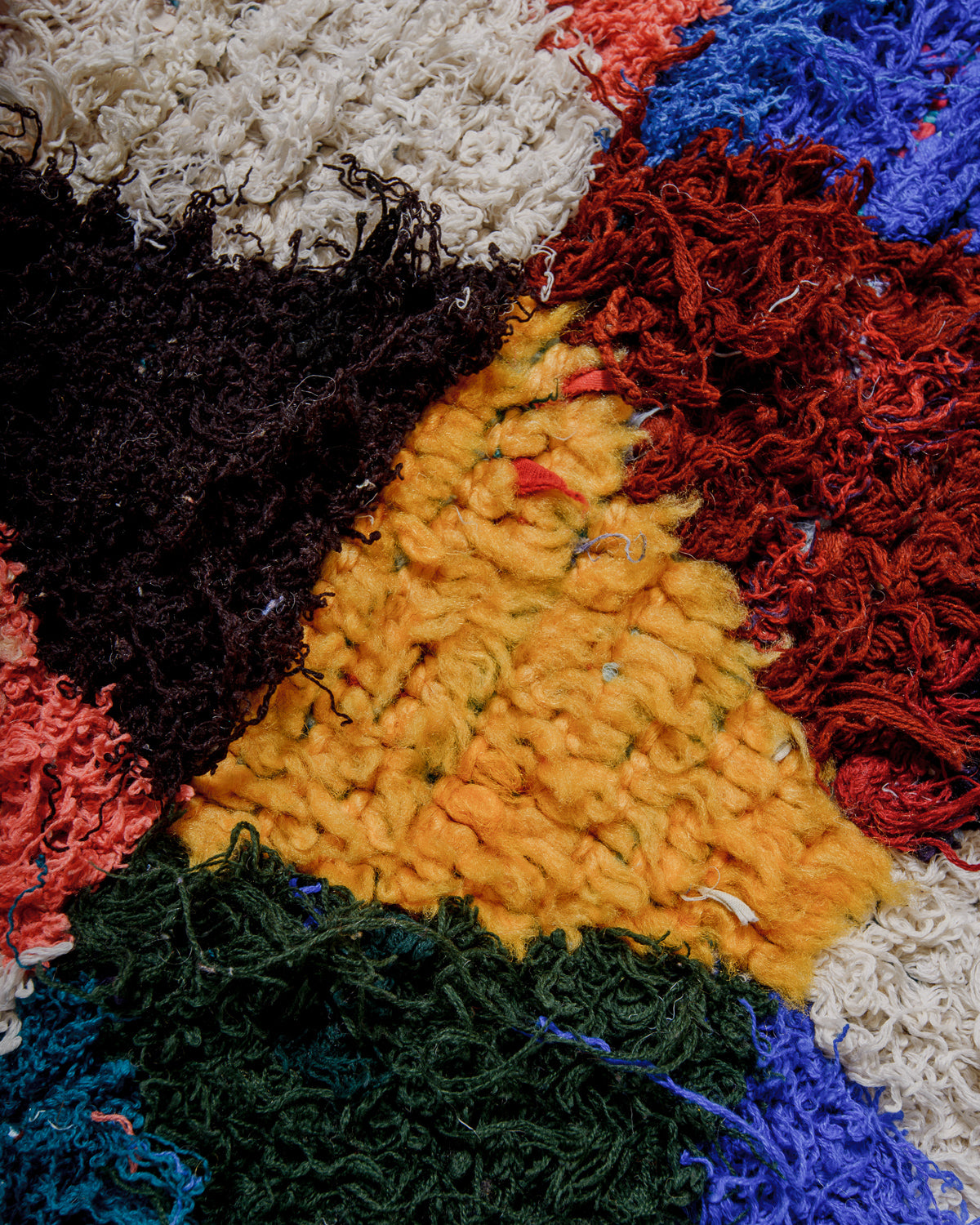 Close-up of a colourful textured rug with various colours including yellow, brown, blue, and green.