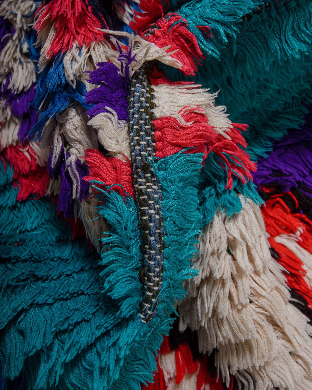 Close-up of a colorful rug with intricate texture