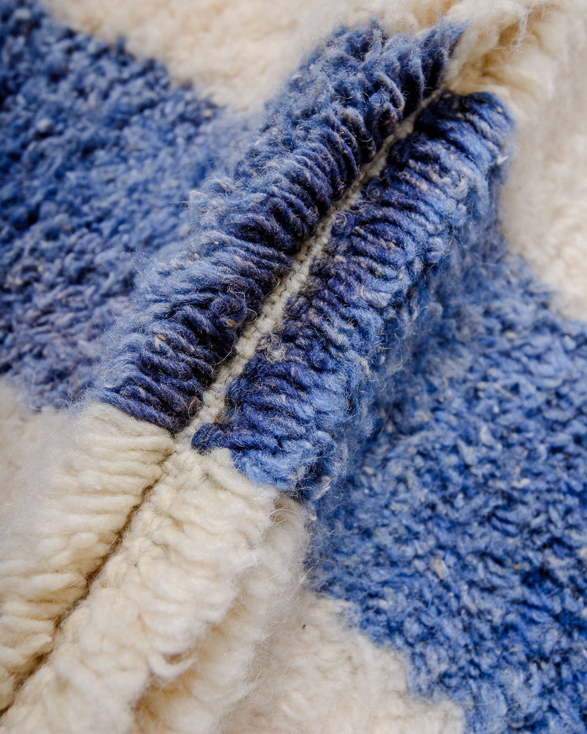 Detail of knotted wool row of a berber rug.