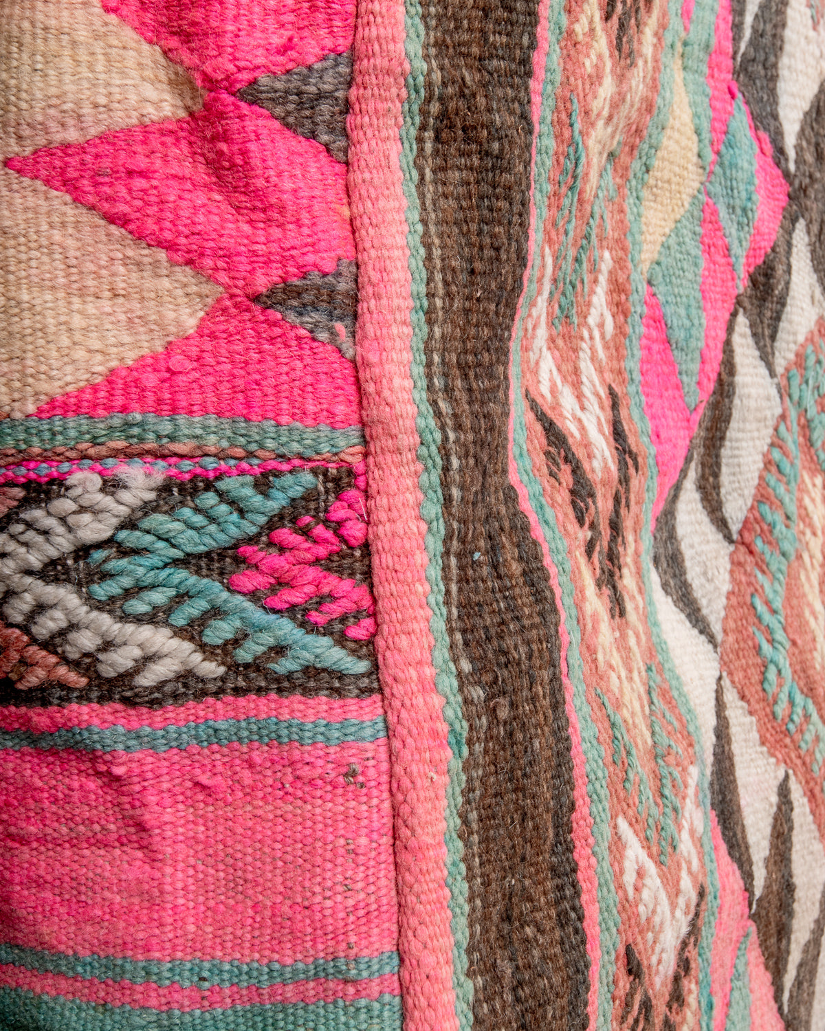 Vintage, handcrafted Berber floor cushion from Morocco. Kelim pouf with beautiful designs and robust flat weave. 100% wool.