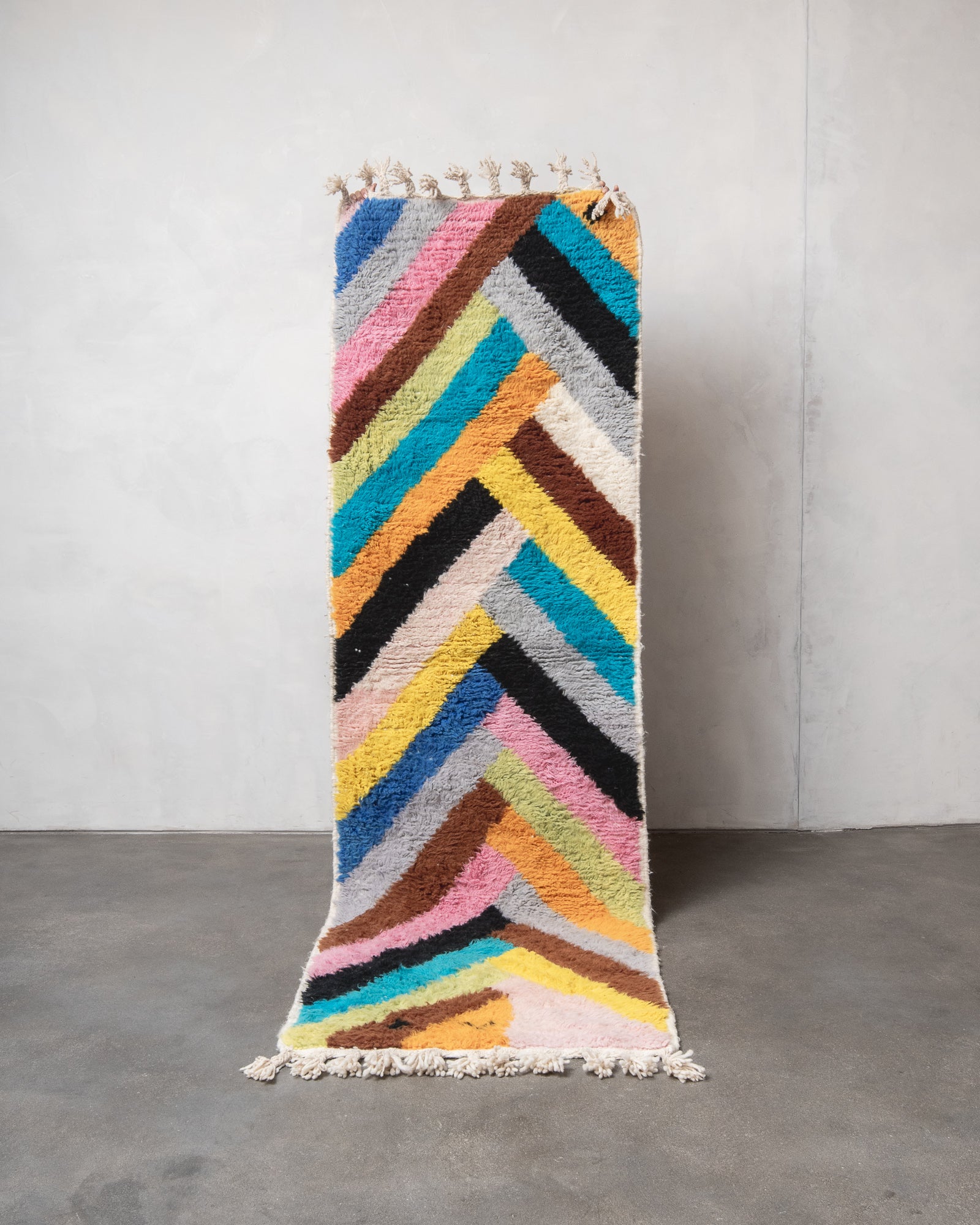 Modern designer handcrafted Berber runner rug from Morocco. Beniourain with beautiful colours and patterns.