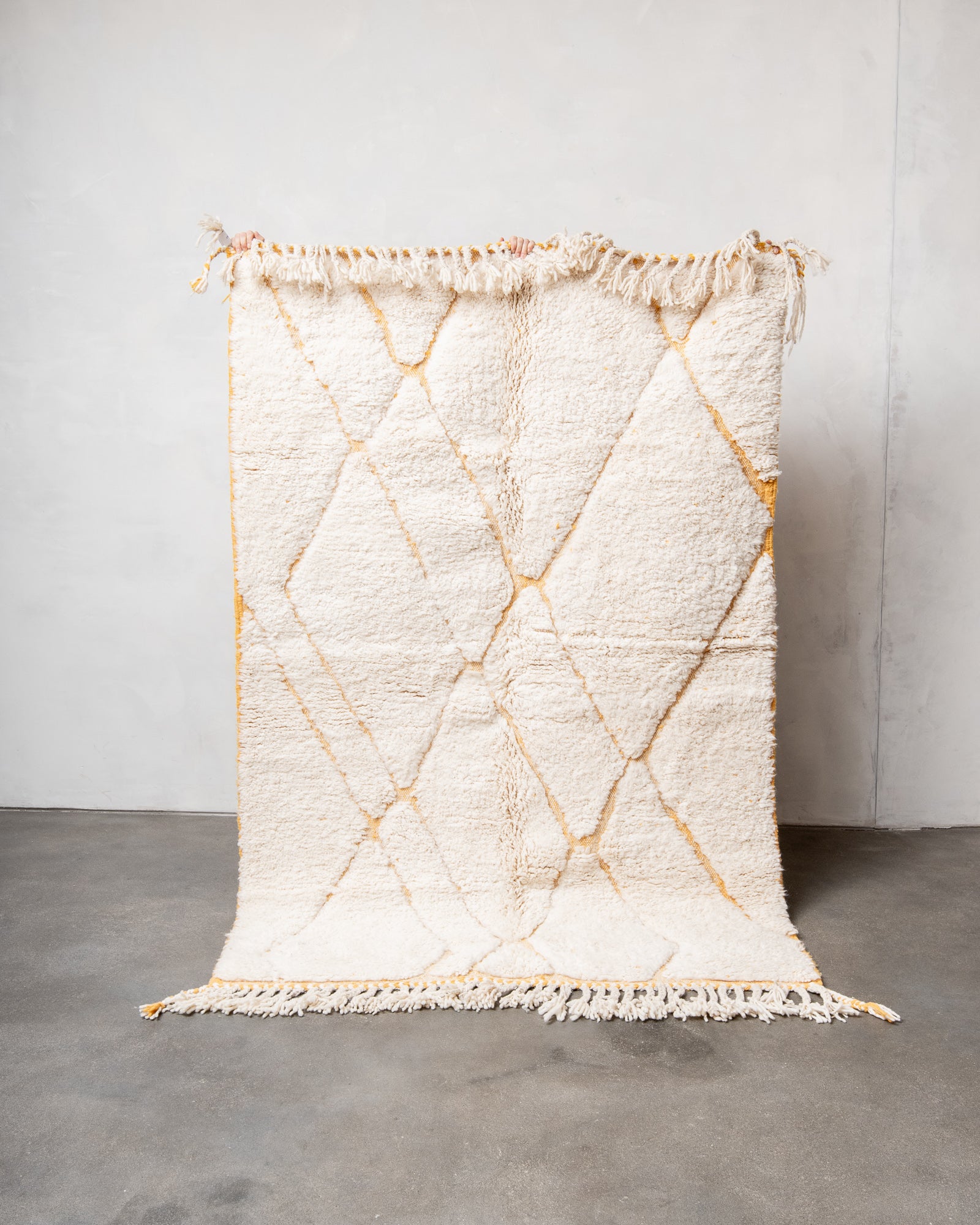 Modern, designer, handcrafted Berber rug from Morocco. Beniourain carpet with beautiful colours and patterns and fluffy wool texture.