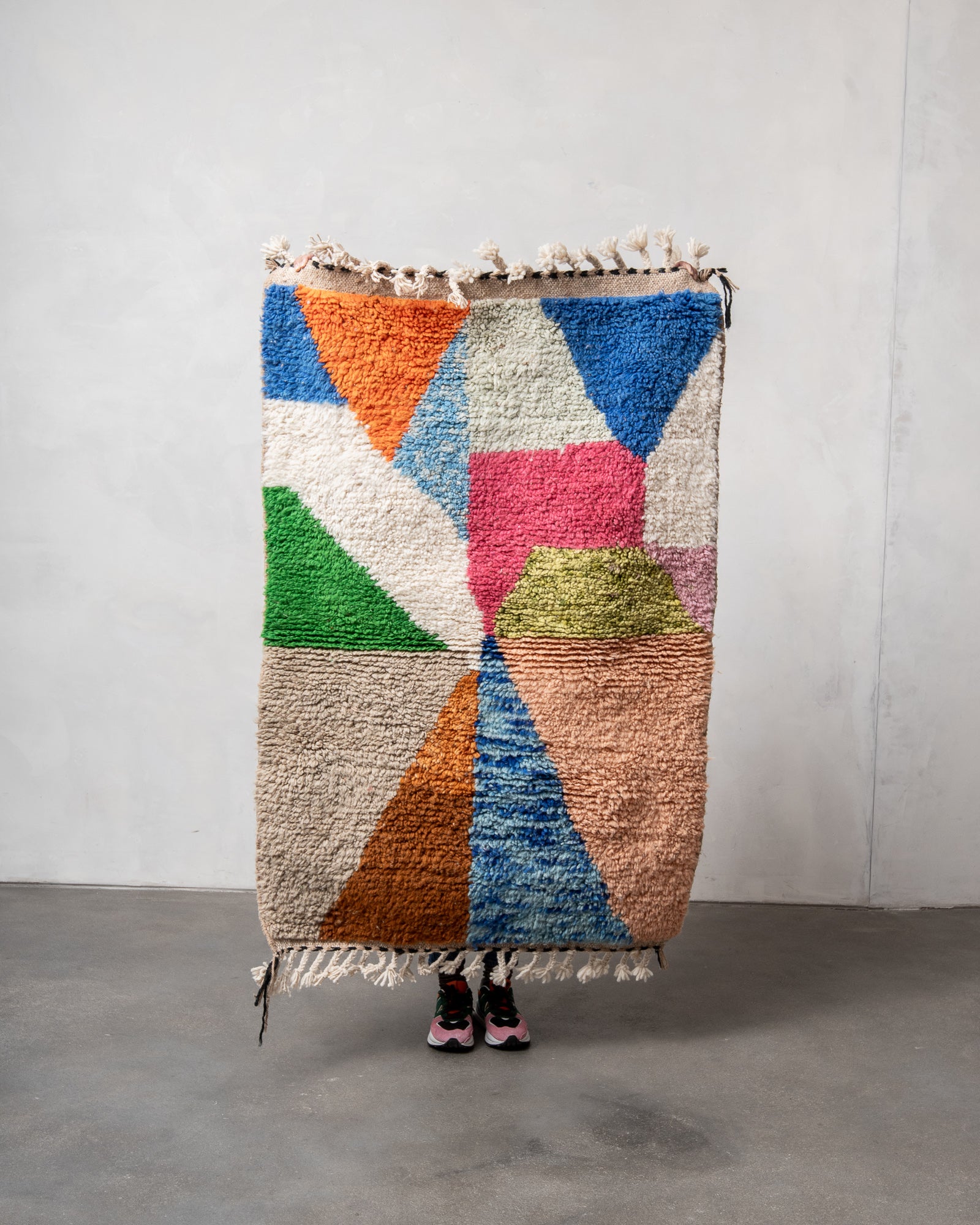 Modern, designer, handcrafted Berber rug from Morocco. Beniourain carpet with beautiful colours and patterns and fluffy wool texture.