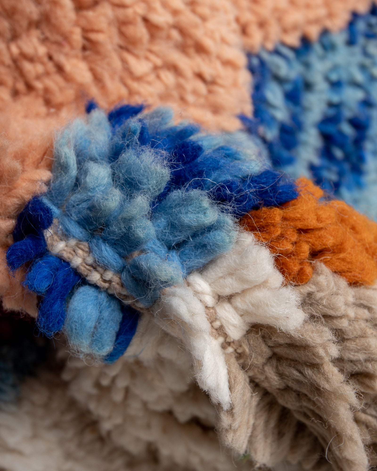 Modern, designer, handcrafted Berber rug from Morocco. Beniourain carpet with beautiful colours and patterns and fluffy wool texture.