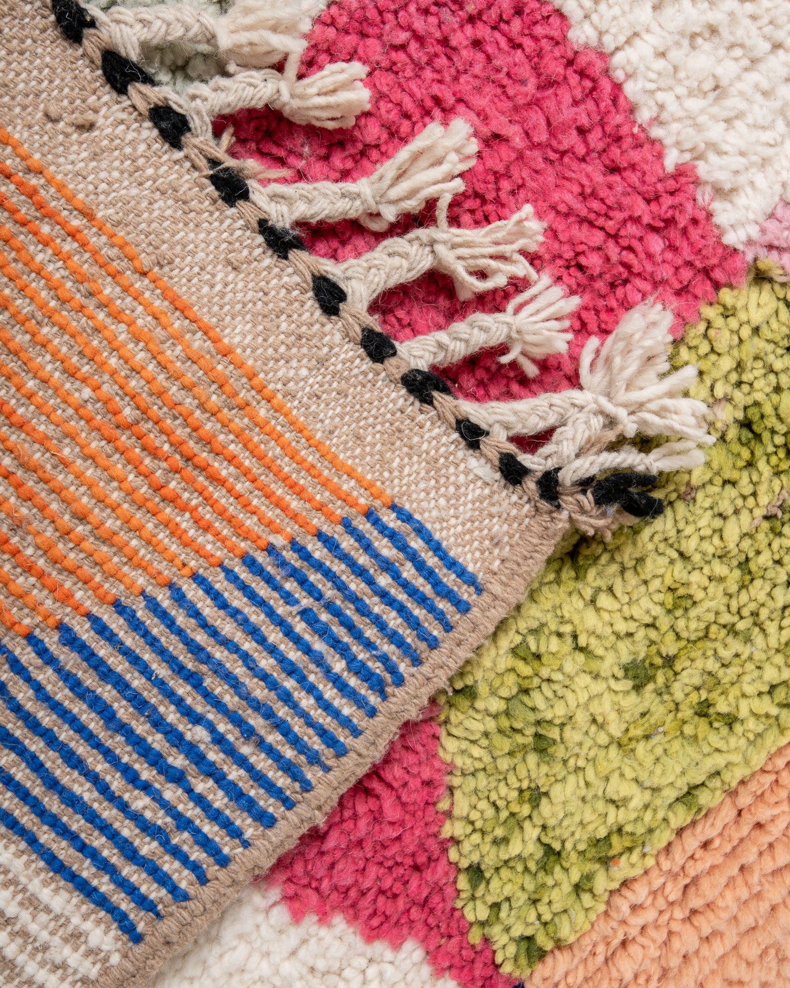 Modern, designer, handcrafted Berber rug from Morocco. Beniourain carpet with beautiful colours and patterns and fluffy wool texture.