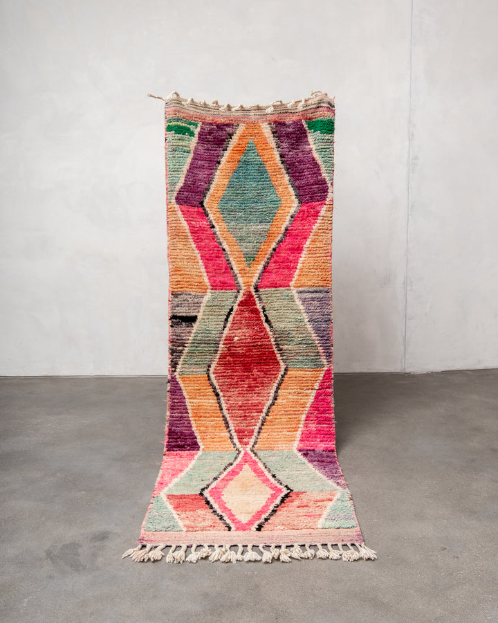 Modern designer handcrafted Berber runner rug from Morocco. Beniourain with beautiful colors and patterns.