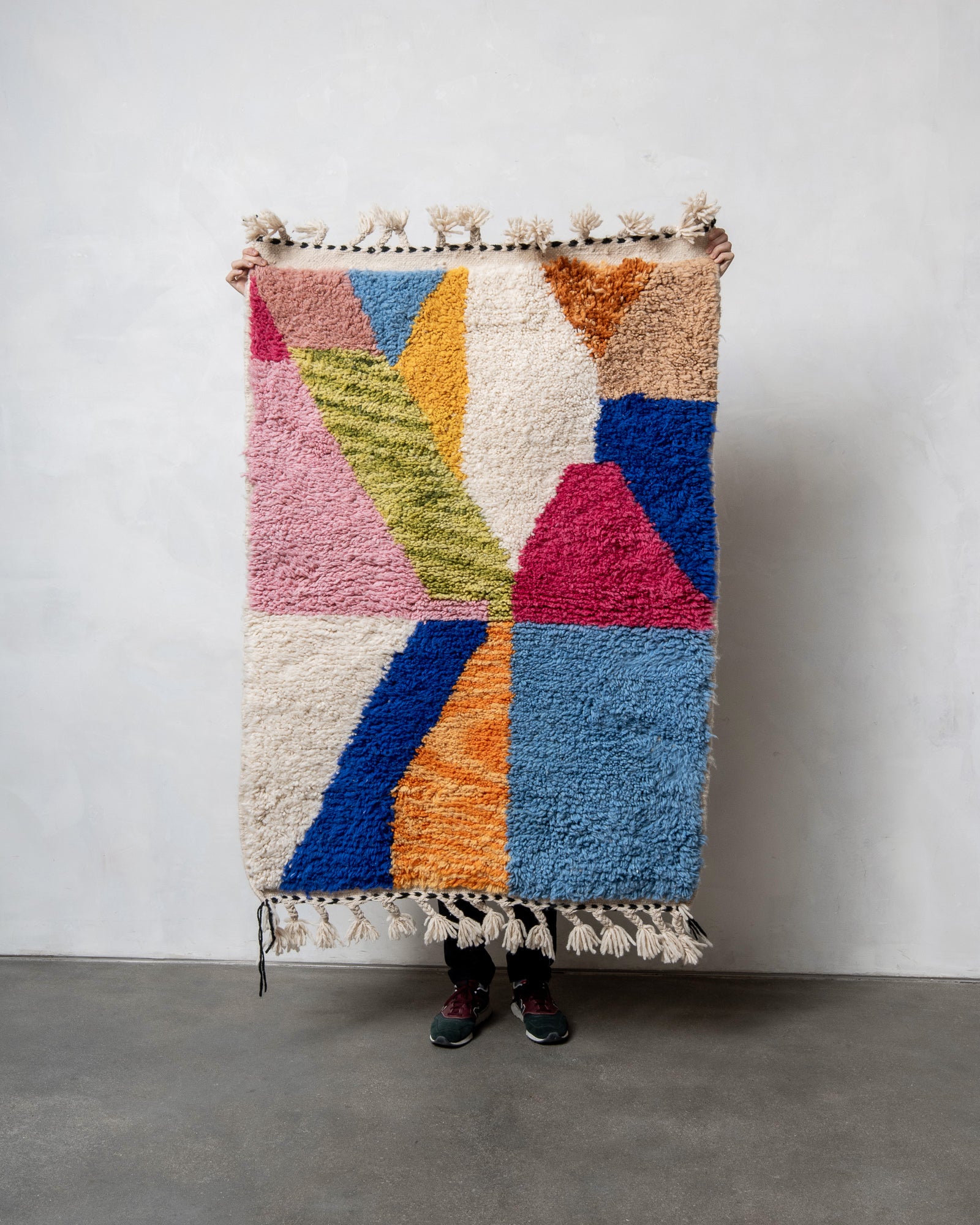 Modern, designer, handcrafted Berber rug from Morocco. Beniourain carpet with beautiful colours and patterns and fluffy wool texture. 