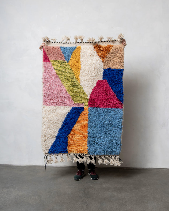 Modern, designer, handcrafted Berber rug from Morocco. Beniourain carpet with beautiful colours and patterns and fluffy wool texture. 