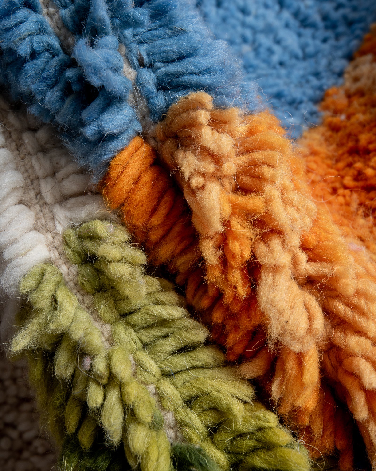 Modern, designer, handcrafted Berber rug from Morocco. Beniourain carpet with beautiful colours and patterns and fluffy wool texture. 