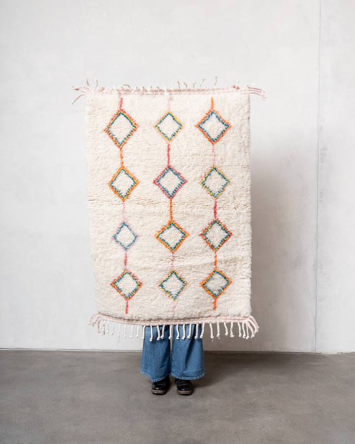 Modern, designer, handcrafted Berber rug from Morocco. Beniourain carpet with beautiful colours and patterns and fluffy wool texture. 