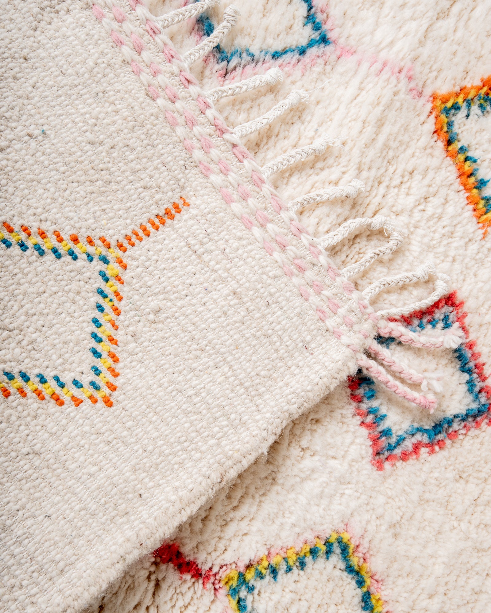 Modern, designer, handcrafted Berber rug from Morocco. Beniourain carpet with beautiful colours and patterns and fluffy wool texture. 