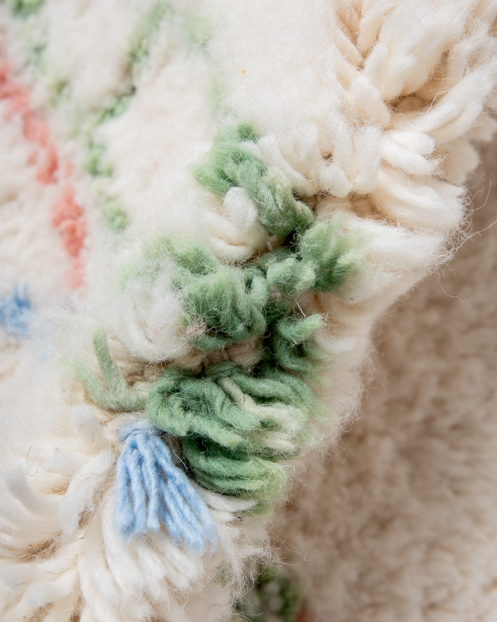 Modern, designer, handcrafted Berber rug from Morocco. Beniourain carpet with beautiful colours and patterns and fluffy wool texture. 