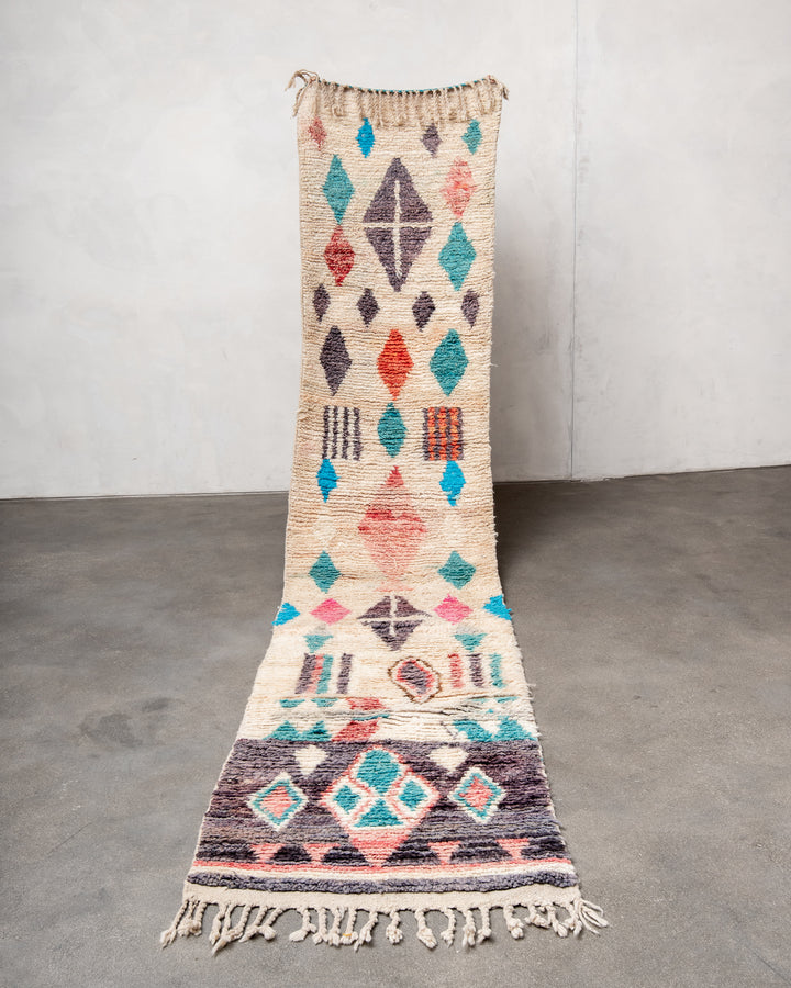 Modern designer handcrafted Berber runner rug from Morocco. Beniourain with beautiful colors and patterns.