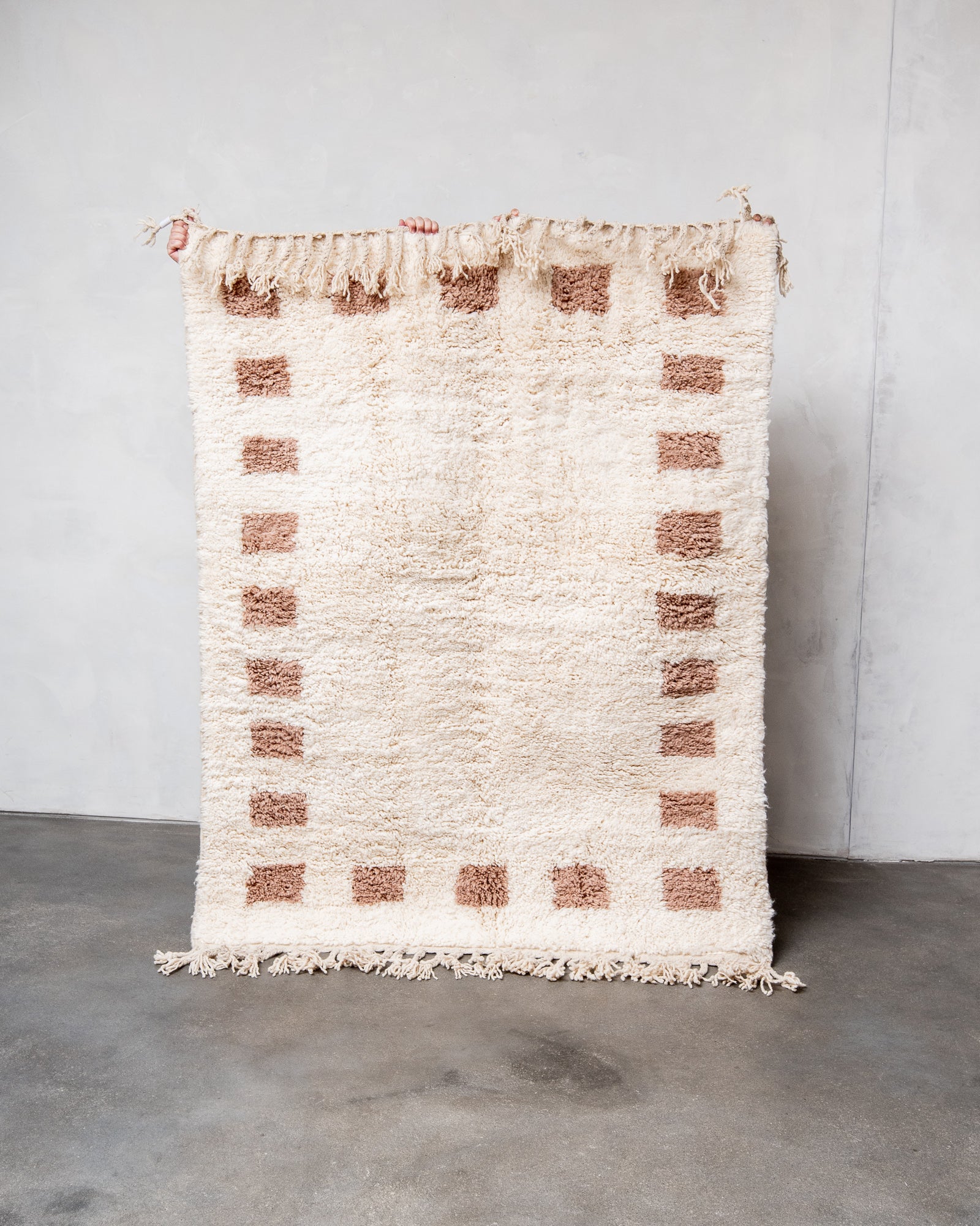 Modern, designer, handcrafted Berber rug from Morocco. Beniourain carpet with beautiful colours and patterns and fluffy wool texture.