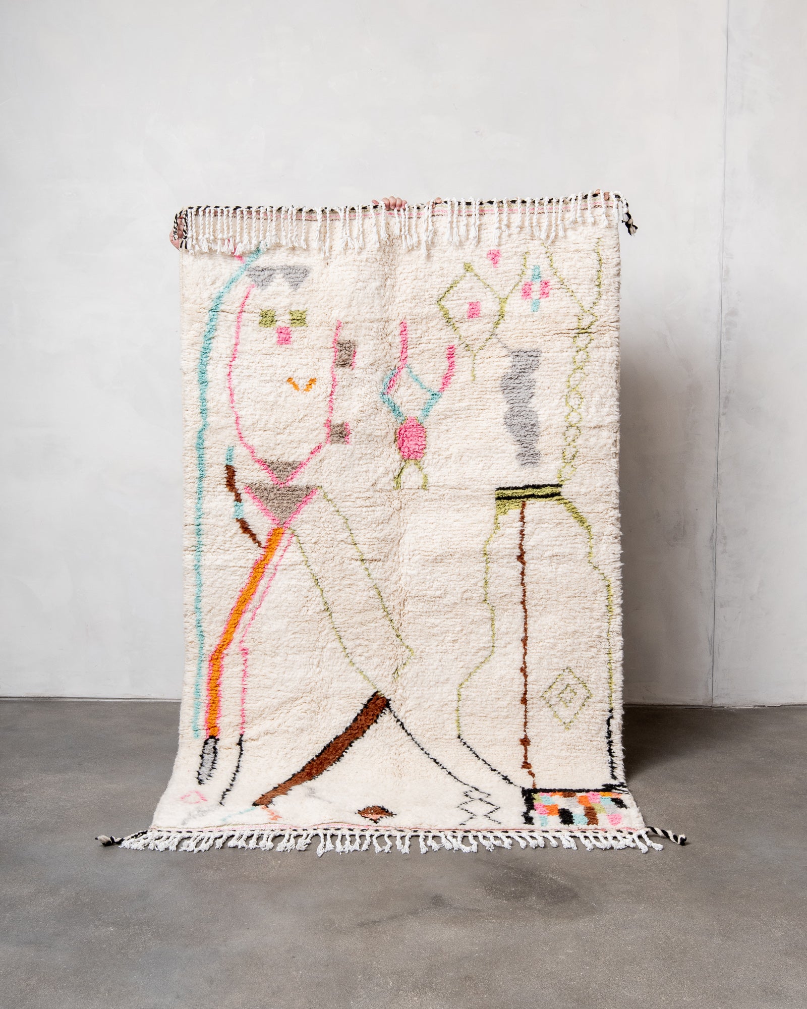 Modern, designer, handcrafted Berber rug from Morocco. Beniourain carpet with beautiful colours and patterns and fluffy wool texture.