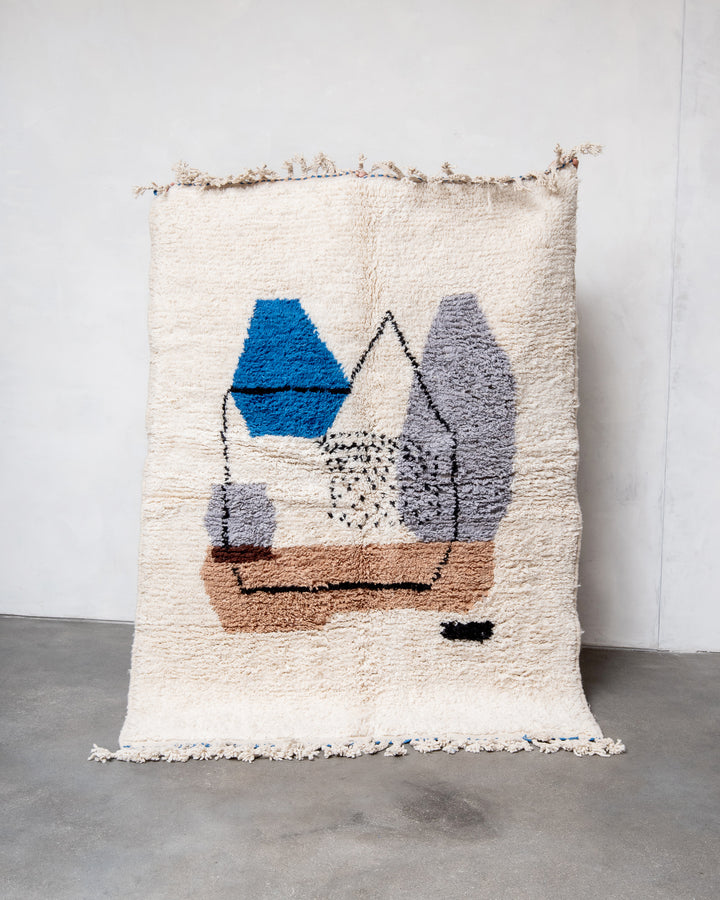 Modern, designer, handcrafted Berber rug from Morocco. Beniourain carpet with beautiful colours and patterns and fluffy wool texture.