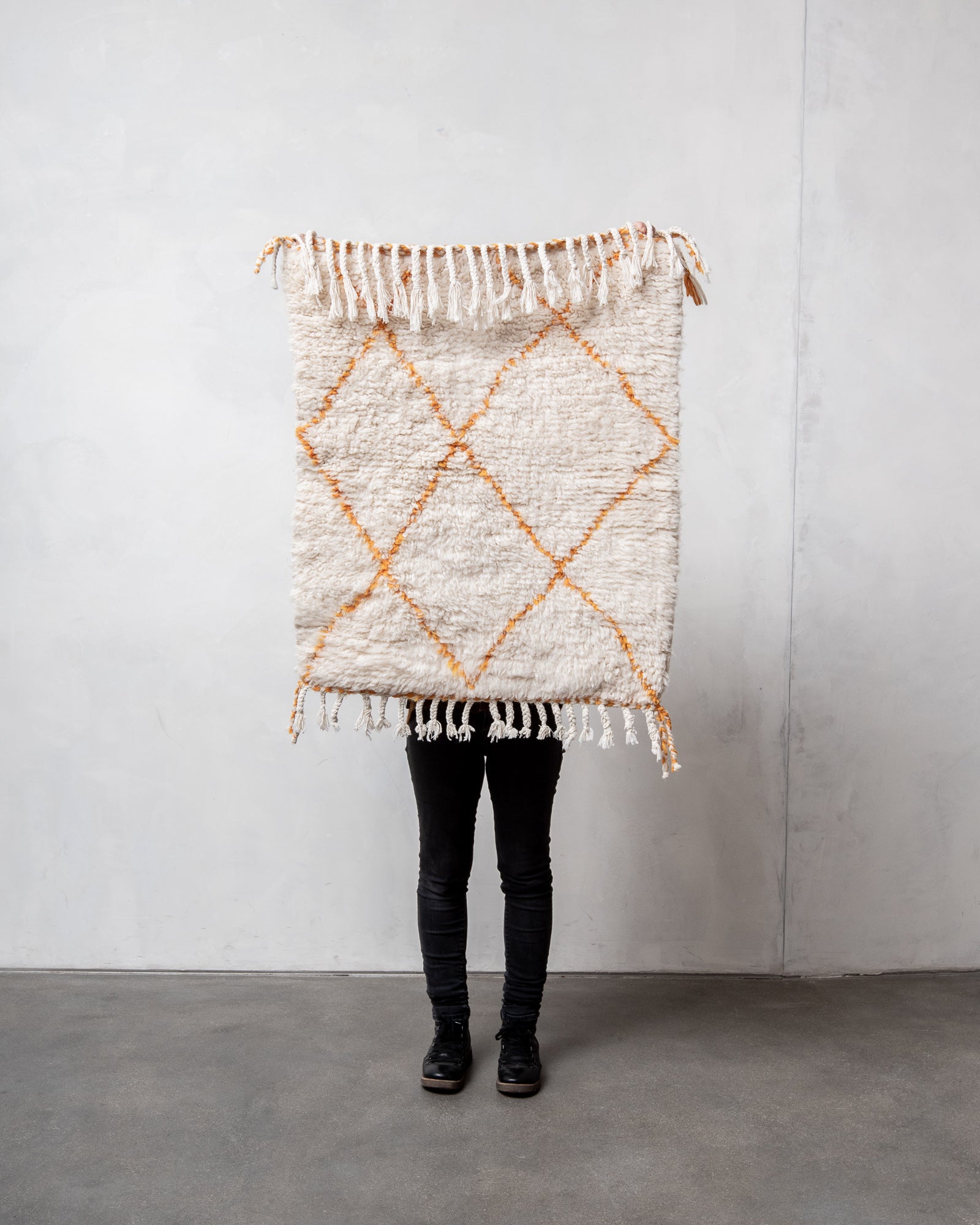 Modern, designer, handcrafted Berber rug from Morocco. Beniourain carpet with beautiful colours and patterns and fluffy wool texture. 